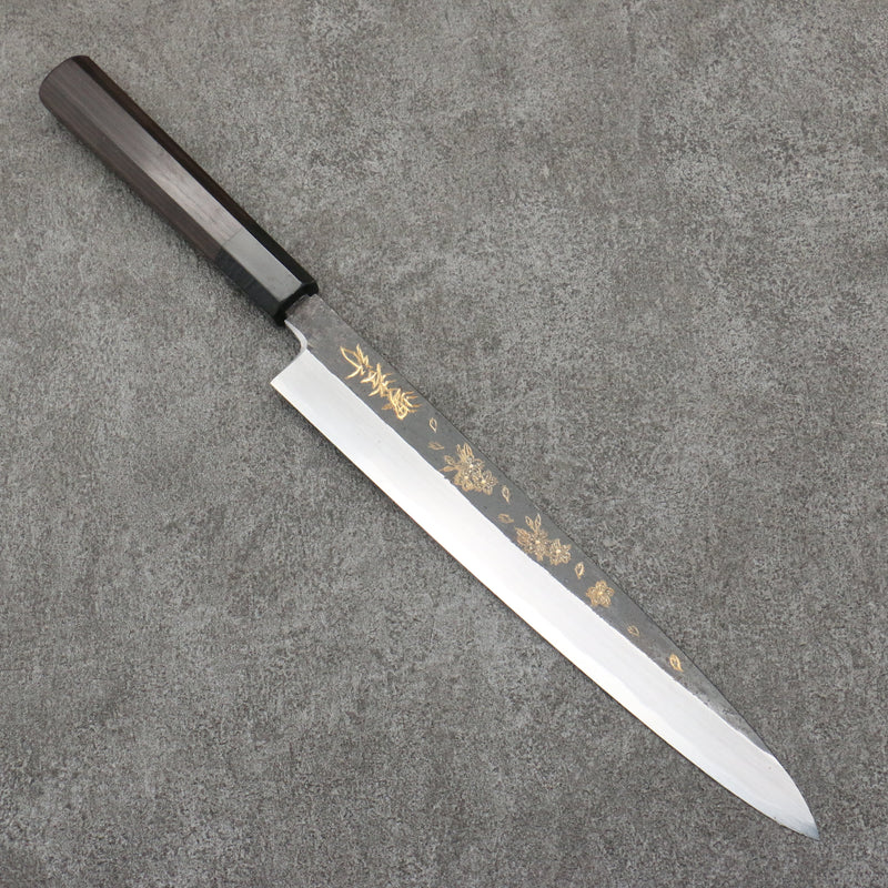 Sakai Takayuki Gravure remplie d'or par Kubota Sakura Acier Blanc No.2 Finition noire Yanagiba 240mm Bois d'ébène Manipuler - japanny-FR