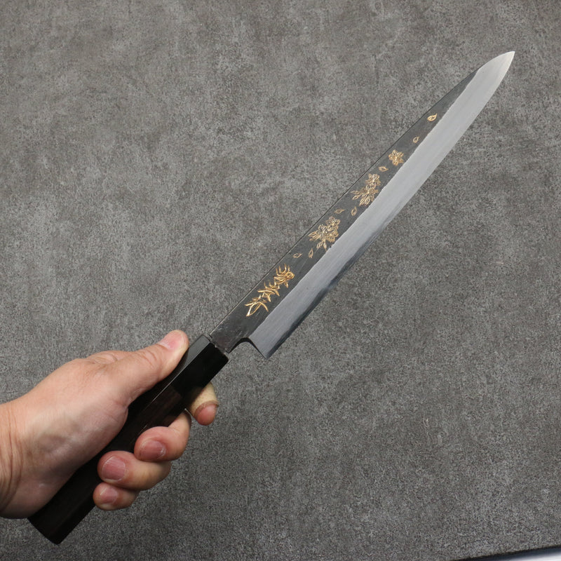 Sakai Takayuki Gravure remplie d'or par Kubota Sakura Acier Blanc No.2 Finition noire Yanagiba 240mm Bois d'ébène Manipuler - japanny-FR