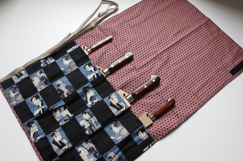 Rouleau de couteaux de style japonais Aokabuki-Ura-Akakasuri 4 poches - japanny-FR