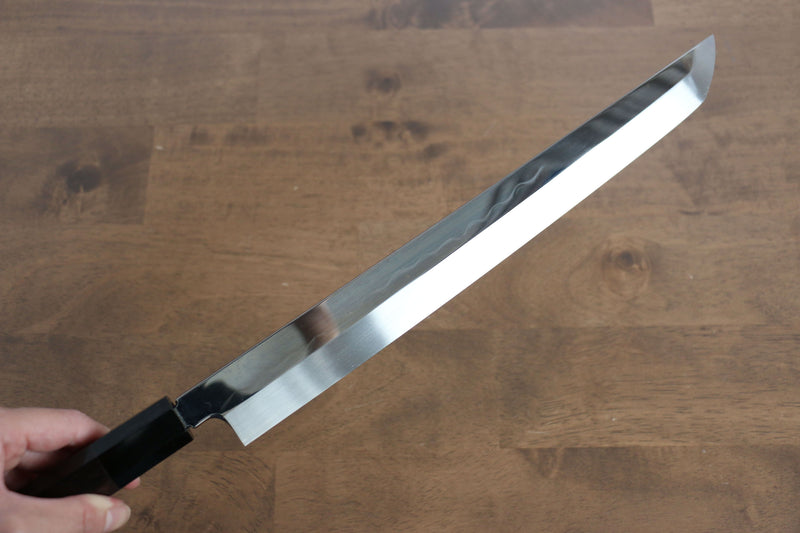 Sakai Takayuki Eau Trempe Honyaki Acier Blanc No.2 Finition en miroir Sakimaru Yanagiba  300mm Ebène avec double bague de buffle d'eau Manipuler avec Gaine - japanny-FR