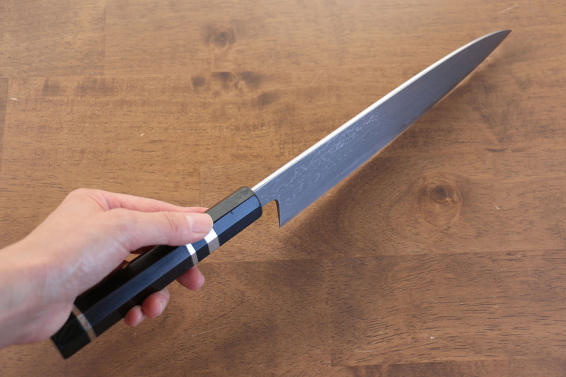 Jikko Acier Bleu Damas Gyuto 210mm Manipuler Ebène avec double anneau - japanny-FR