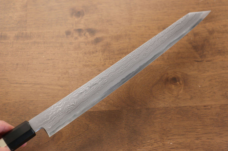 Jikko Acier Bleu Damas Kiritsuke Sujihiki 300mm Manipuler Ebène avec double anneau - japanny-FR